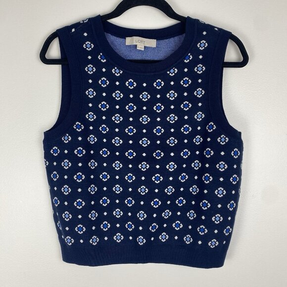 LOFT Tops - Loft Women's Geometric Floral Jacquard Sweater Vest Size M Navy Blue